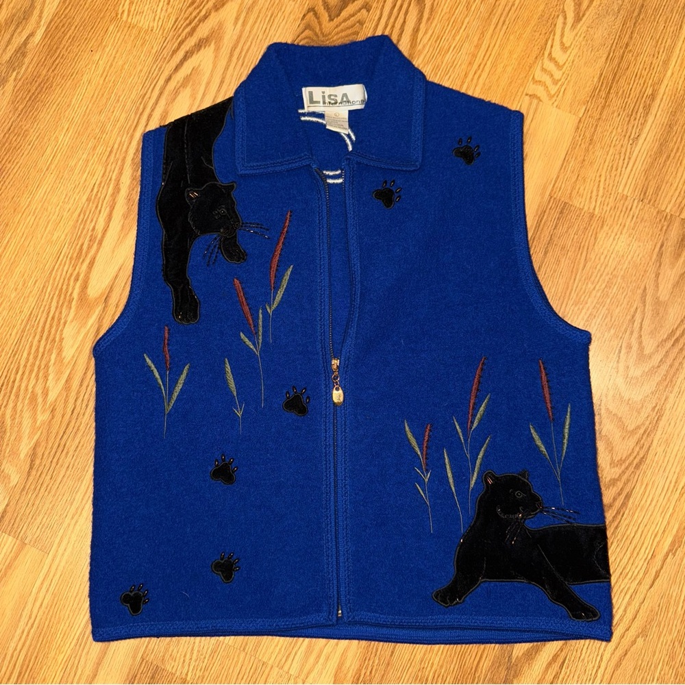 Lisa International Royal Blue Boiled Wool Cardigan Vest w‎ Velvet Black Panthers